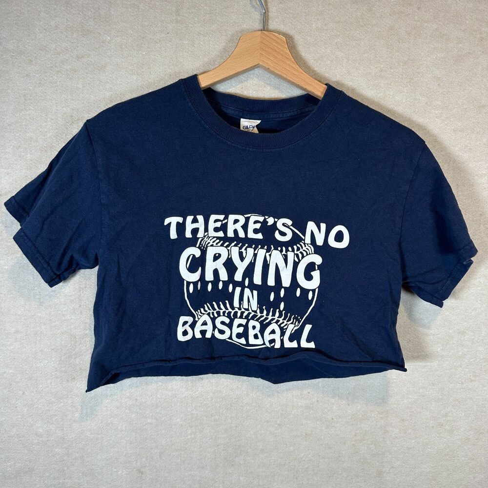 Theres No Crying In Baseball Crop T Shirt Small Navy Raw Hem Graphic Tee